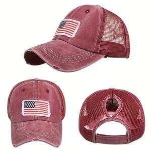 USA Hat Burgundy Adjustable Distressed Washed Women Ponytail New